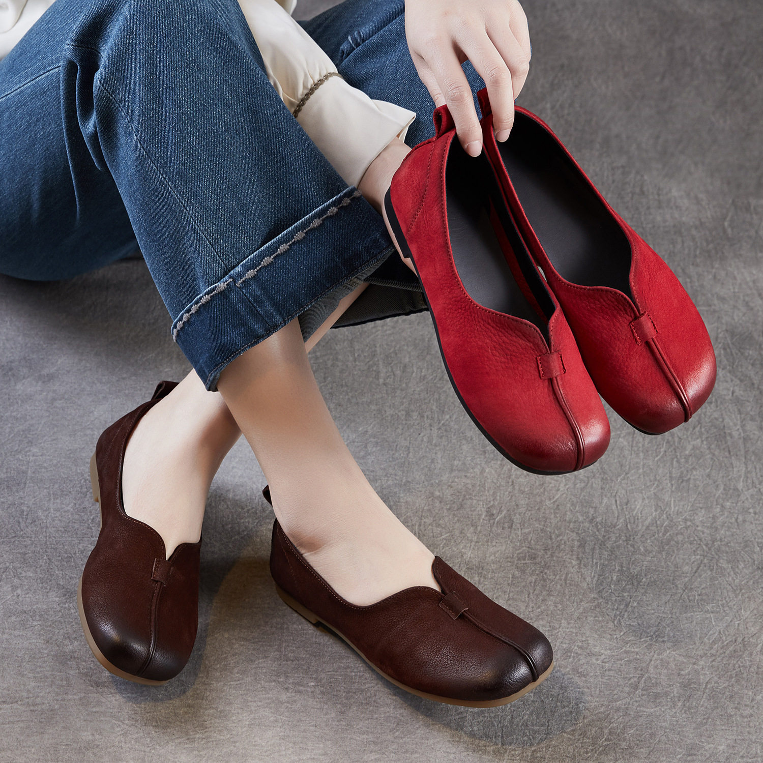 舒适浅口妈妈女鞋一脚蹬软底软面民族风复古2026春季方头真皮单鞋,女鞋,时尚休闲鞋,淘宝优惠券,粉丝福利购,淘宝优惠卷