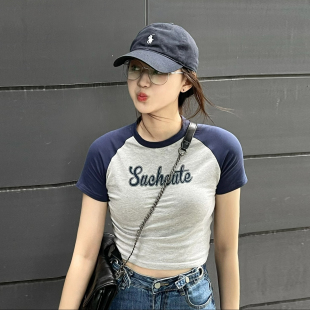2026年辣妹欧美性感短款上衣女个性撞色插肩印花短袖T恤百搭气质