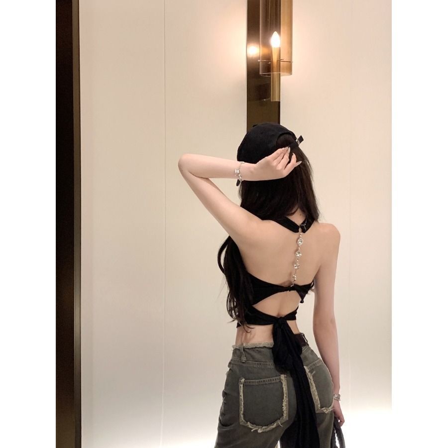 带胸垫美式性感链条拼接挂脖小背心女设计感辣妹修身短款露背