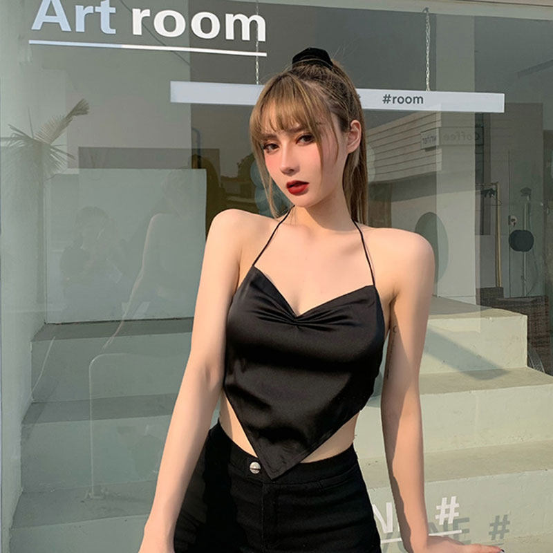 美式性感V领挂脖绑带肚兜式背心女ins外穿无袖大露背短款吊带上衣