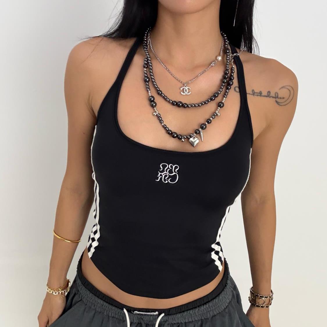 设计修身风撞色显瘦背心运动辣妹性感纯欲工字型美式小众复古短款