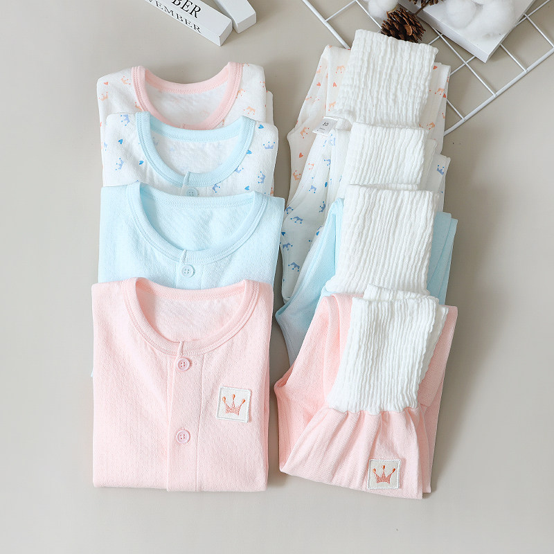 남학생과 여학생을 위한 하이 웨이스트 배 보호 아동 속옷 세트 순면 가디건 이중 자카드 가정복 가을 옷과 긴 바지