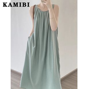 挂脖吊带裙女夏季 背心长裙 设计感小众露背无袖 连衣裙海边度假法式