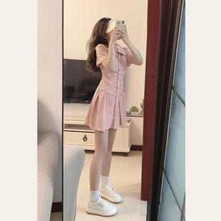 高级感小个子收腰显瘦a字衬衫 甜美polo领粉色褶皱连衣裙夏新款 裙