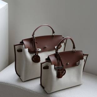 牛皮拼接棉麻凯莉包休闲手提包大容量通勤包撞色单肩斜挎包