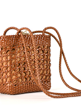 2024春夏新款头层牛皮ins镂空复古手工编织包森系女手提包单肩包