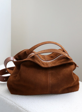 25秋冬慵懒风麂皮磨砂牛皮托特包通勤手提单肩斜挎真皮女包