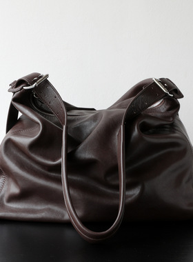 小众轻奢植鞣牛皮中性简约风大容量单肩包复古百搭慵懒斜挎包