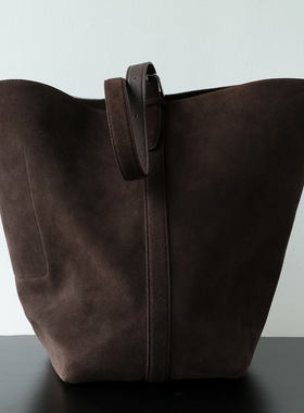 小众轻奢复古全牛皮磨砂托特包慵懒风大容量通勤高级感水桶包