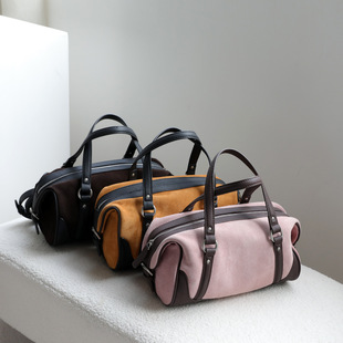 秋冬复古磨砂拼接波士顿包女大容量手提枕头包保龄球单肩斜挎包