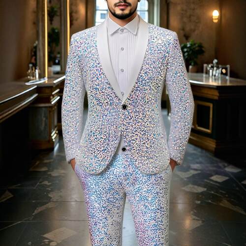 2026新款跨境男士幻彩亮片西服套装夜店舞台演出修身西装两件套