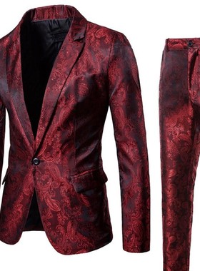 欧美男装春秋款亮面暗纹夜店一粒扣男式翻领西装套装men suit set