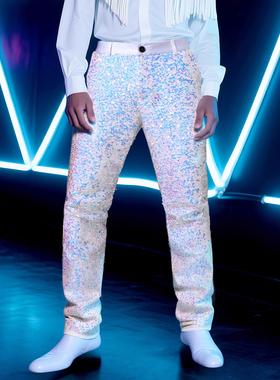 跨境外贸亮片男士西裤修身休闲短裤春秋男白色欧美演出闪亮片裤子