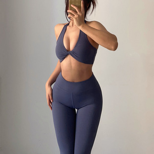挂脖深V聚拢bra美背无袖上衣百搭喇叭九分裤子瑜伽健身运动套装女