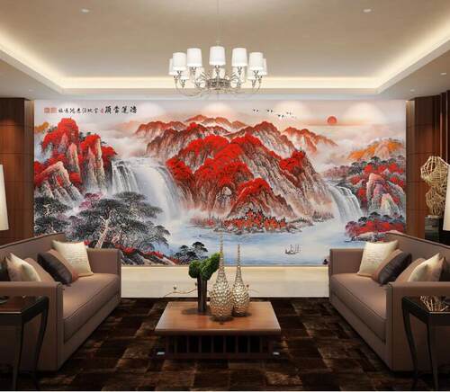新中式水墨鸿运当头山水背景墙定制UV墙布壁画宣绒布闪银布3D壁画