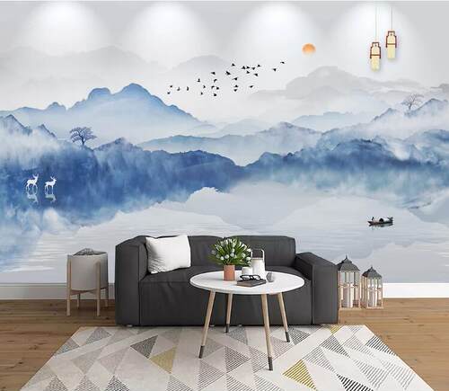 3d水墨新中式现代简约意境山水背景墙无缝宣绒布uv定制代加工画面