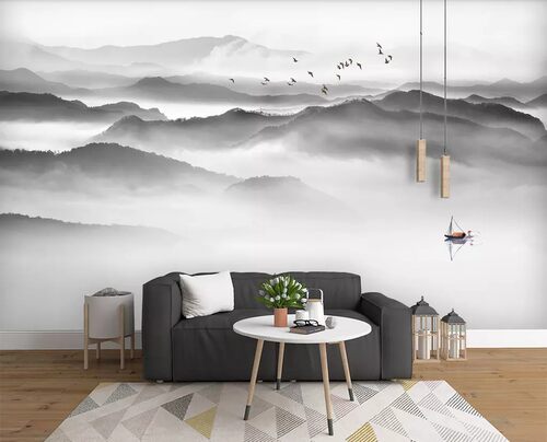 新中式意境抽象水墨山水客厅背景墙壁画电视墙酒店足浴店uv画订做