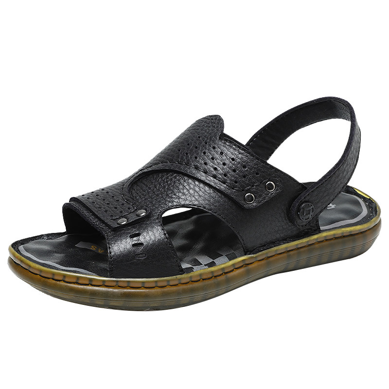 HUAGANG CAMEL LEATHER SANDALS MENS COW TENDON SOLES SUMMER LEATHER PLATFORM BEACH SHOES MENS MIDDLE-AGED AND ELDERLY DADS DUAL-PURPOSE SLIPPERS