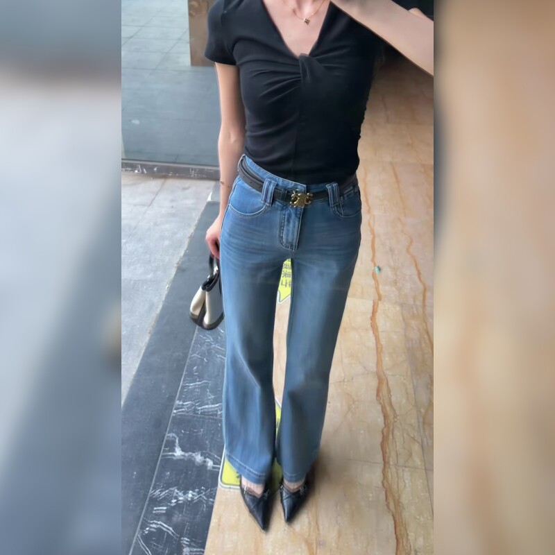 蓝色微喇牛仔裤女高腰修身显瘦小个子弹力喇叭裤显高百搭潮 ins