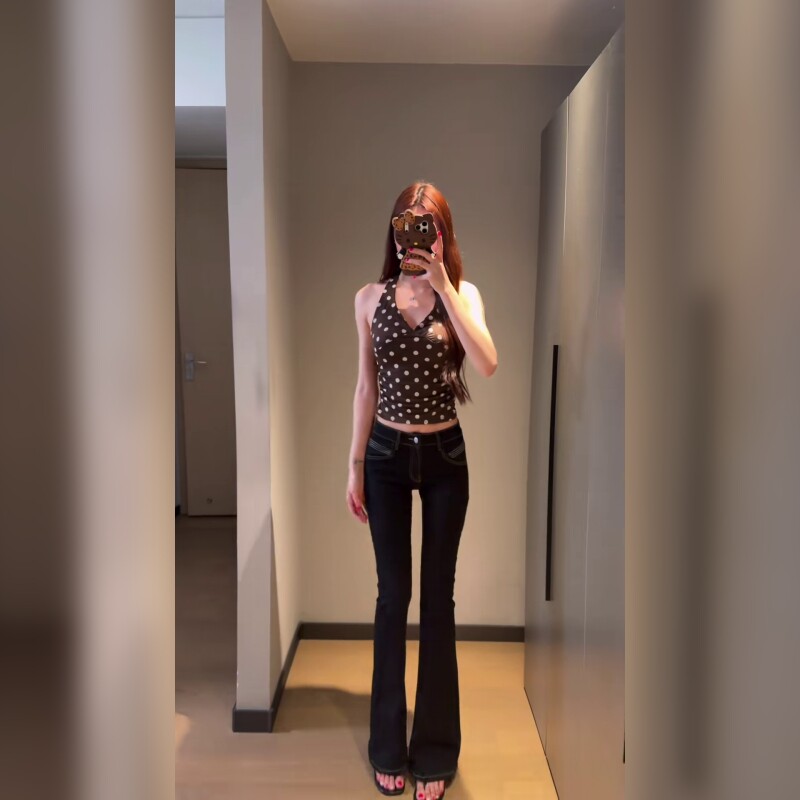 美式辣妹风黑色低腰微喇牛仔裤女修身显瘦小个子喇叭裤