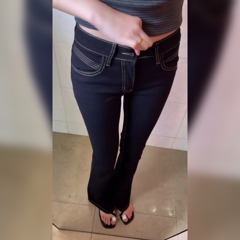 辣妹风低腰微喇叭牛仔裤女修身显瘦提臀长裤深色