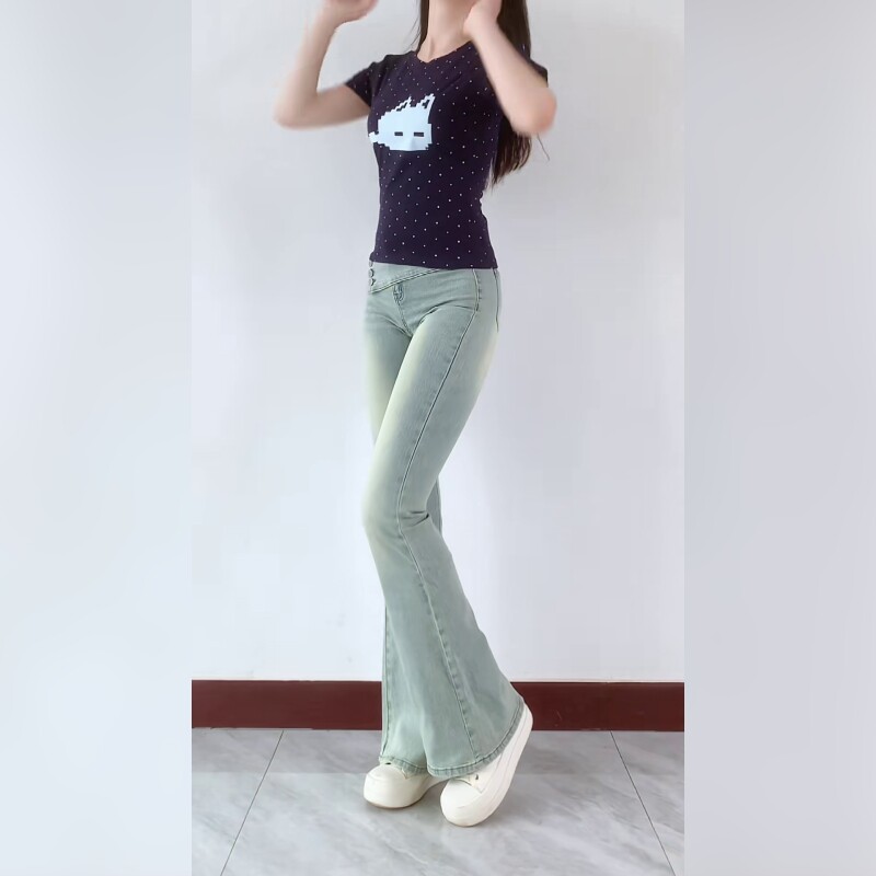低腰牛仔裤微喇裤浅色加长做旧美式高街款软牛仔面料上身舒适显瘦