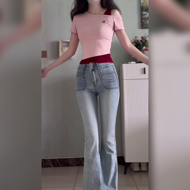 高腰微喇牛仔裤女显瘦修身蓝色长裤百搭显腿长提臀小个子