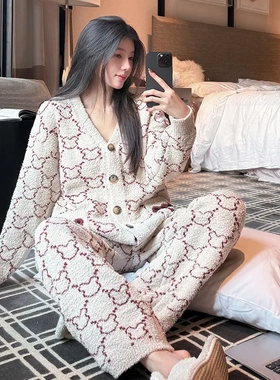 女款秋冬季软绵绵半边绒卡通可爱小熊熊毛绒睡衣裤家居服套装