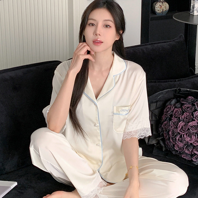 冰雪丝睡衣女夏季新款开衫短袖长裤少女蕾丝双插兜韩版家居服套装