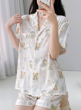 短袖短裤春夏季家居服套装仿真丝凉爽睡衣可外穿简约大码冰丝睡衣