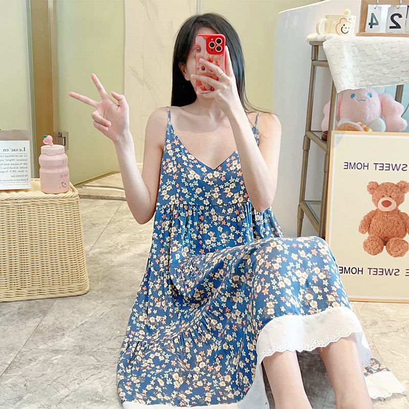 棉绸睡衣女夏季新款人棉印花吊带睡裙可外穿学生大码宽松家居服