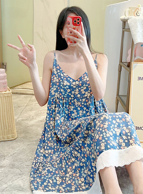 棉绸睡衣女夏季新款人棉印花吊带睡裙可外穿学生大码宽松家居服