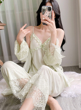 金丝绒睡衣女款性感春秋季纯欲蕾丝吊带胸垫睡裙长裤三件套装睡袍