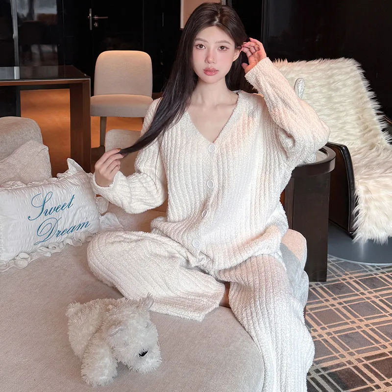 秋冬韩版温柔风甜美软糯毛衣女慵懒感软绵绵开扣睡衣套装女家居服
