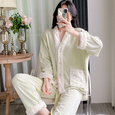 25新款海岛绒睡衣女长袖长裤加厚软蒙妹睡衣小香风简约秋冬家居服
