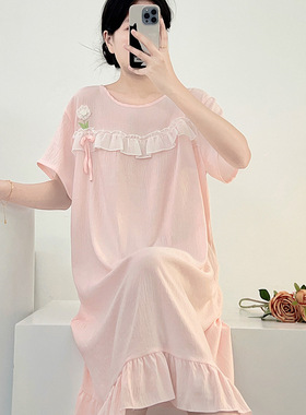中长款睡裙女夏季天短袖棉质甜美可爱少女公主风长裙睡衣女家居服
