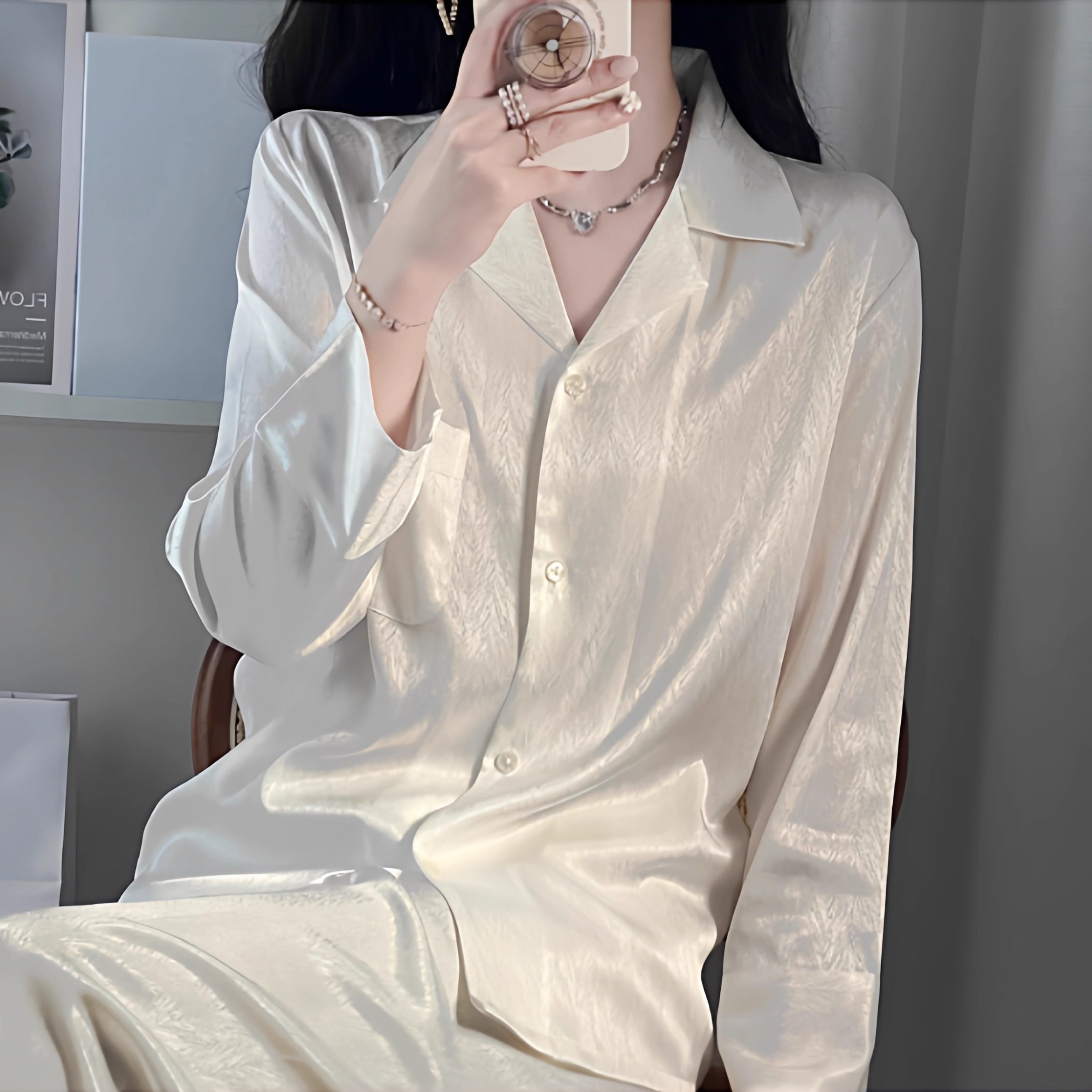 新款秋季衬衫睡衣女春秋白色长袖长裤家居服丝绸冰丝套装大码法式