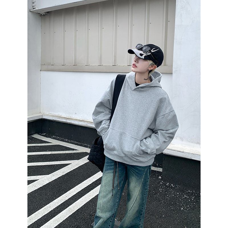 灰色cleanfit男生短款卫衣美式重磅连帽大帽衫廓形外套潮WY004P48