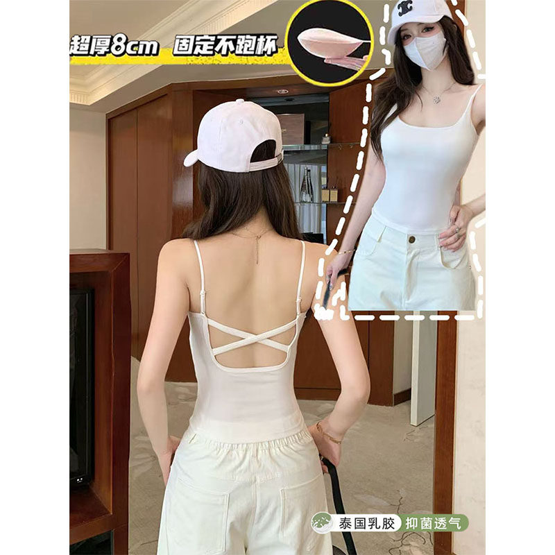 淡颜韩女 白色纯欲交叉美背心吊带小胸加厚胸垫打底外穿内搭上衣