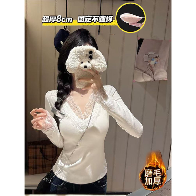 糯米团子 纯欲蕾丝花边磨毛加厚固定胸垫长袖T恤修身显瘦打底上衣,女装/女士精品,T恤,淘宝优惠券,粉丝福利购,淘宝优惠卷