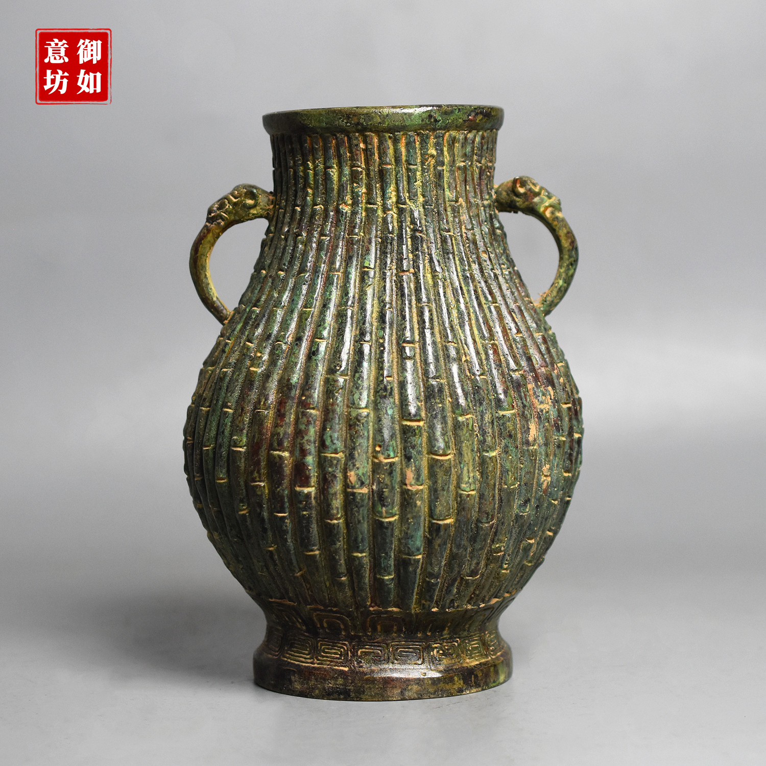 青铜器仿古竹节纹双耳插花瓶铜罐子古玩收藏摆件古典艺术家居装饰
