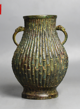 青铜器仿古竹节纹双耳插花瓶铜壶