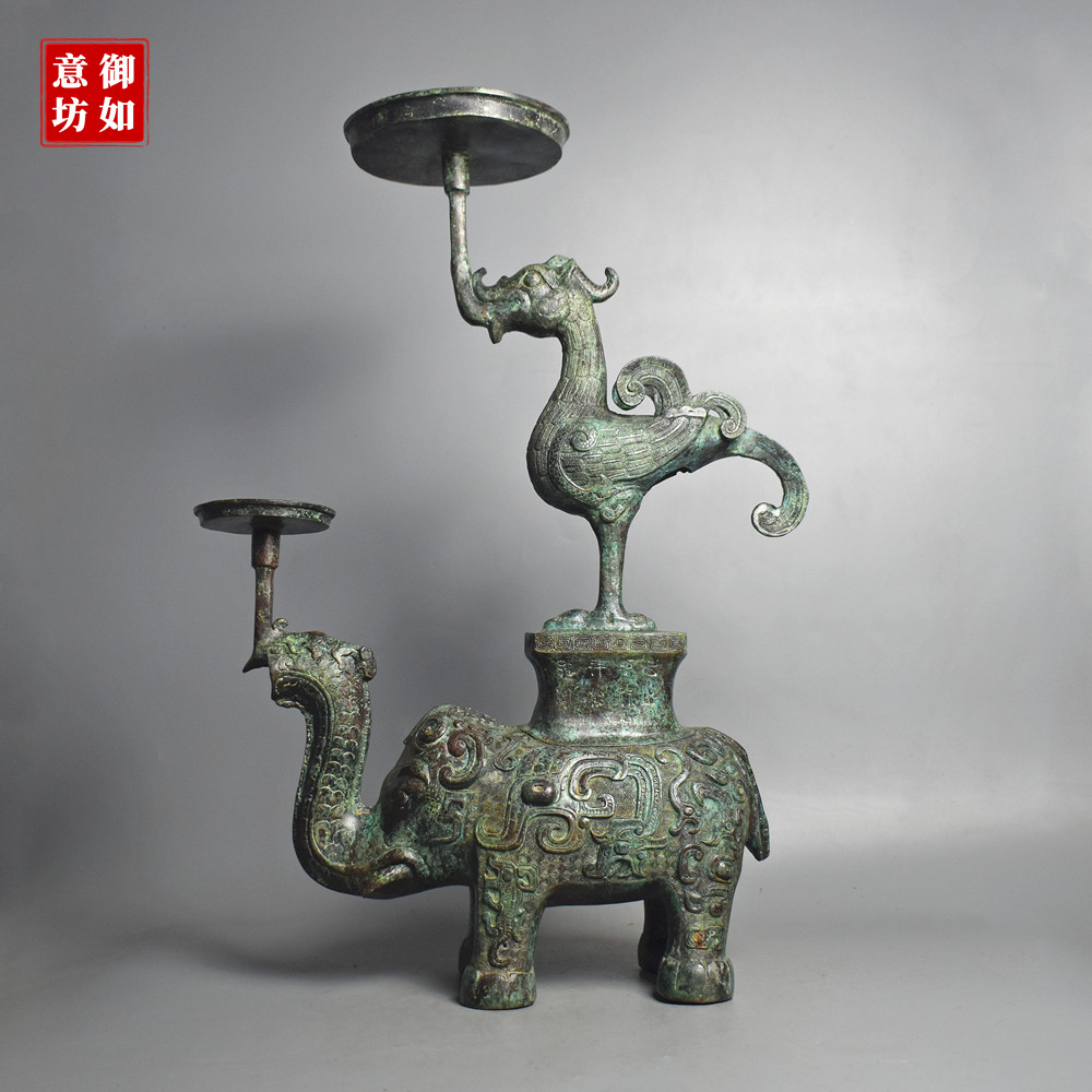 青铜器凤象双灯仿古灯具铜灯灯盘摆件古典工艺会所装饰家居工艺品