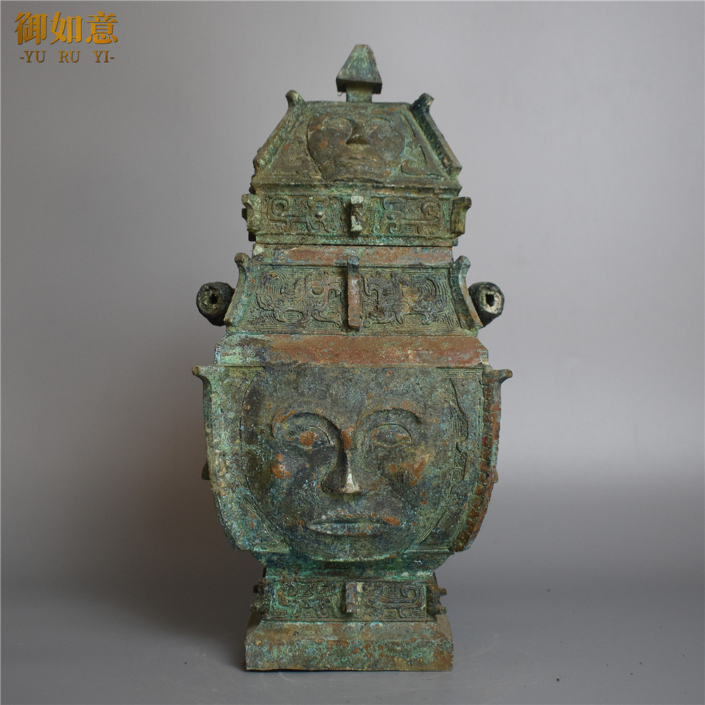 商周人面纹青铜提梁卣古代酒器做旧古玩摆件家居办公收藏铜工艺品