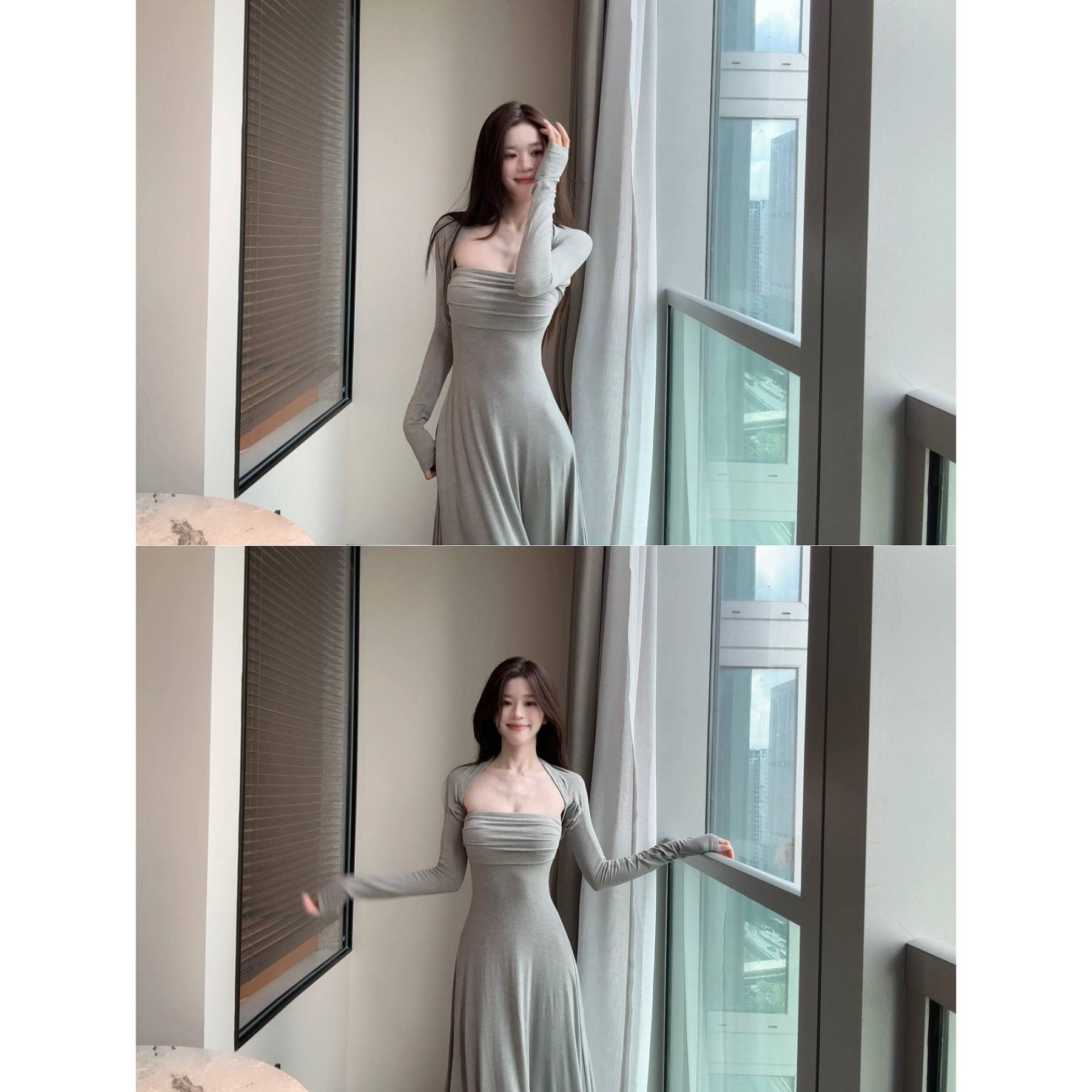 喵喵 纯欲风灰色抹胸收腰显瘦气质连衣裙+披肩两件套女秋季