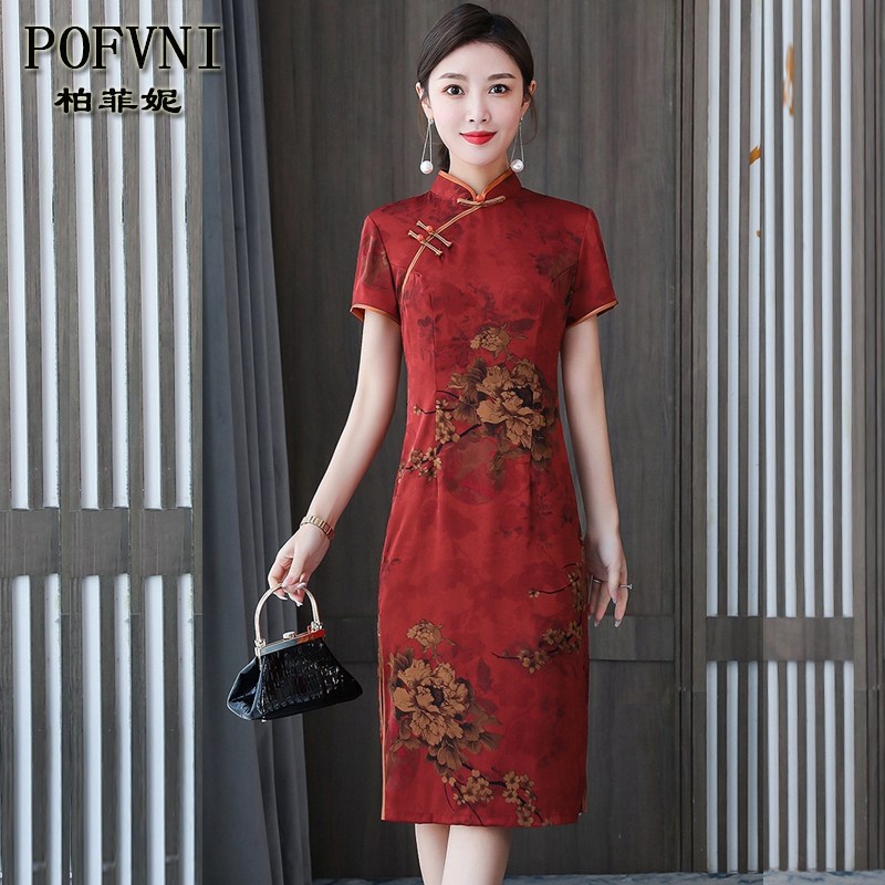 年轻款复古红色仿真丝旗袍连衣裙女夏季高端改良结婚喜婆婆婚宴装