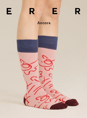 [二乘以·Socks]原创设计男女正负形图案粉猪猪精梳棉中筒袜