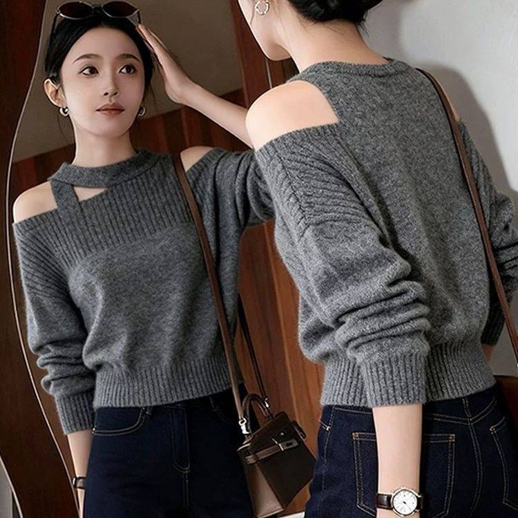东莞大朗洋气高级感挂脖露肩针织打底衫女2026春秋新款不起球毛衣,女装/女士精品,毛针织衫,淘宝优惠券,粉丝福利购,淘宝优惠卷