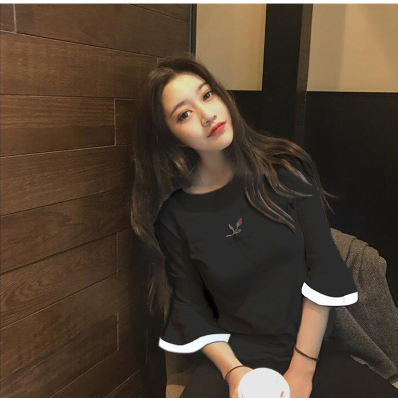 2026广州十三行夏季七分中袖刺绣t恤韩版bf风宽松百搭喇叭袖上衣