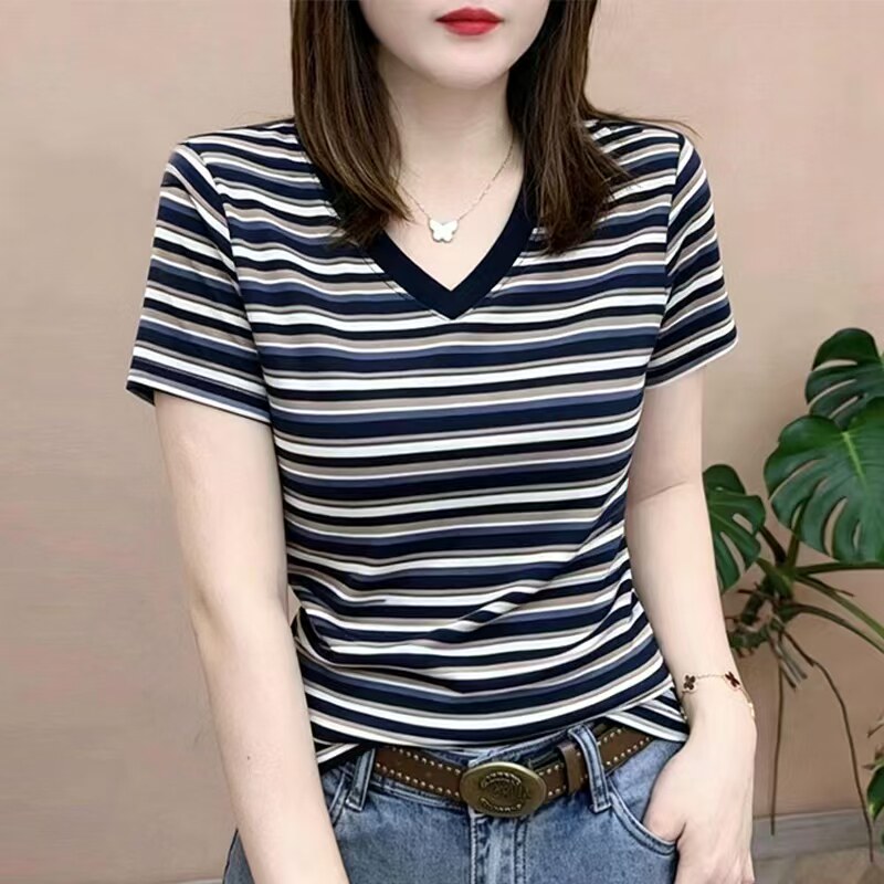 广州十三行女装白马沙河纯棉V领条纹短袖t恤义乌体恤上衣打底衫夏